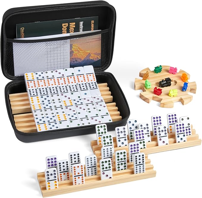 Mexican Train Double 12 Dominoes Set with 4 Wooden Trays/Racks in Portable Carrying Case Colorful 91 Tiles & 9 Trains Board Game for Family Game Night