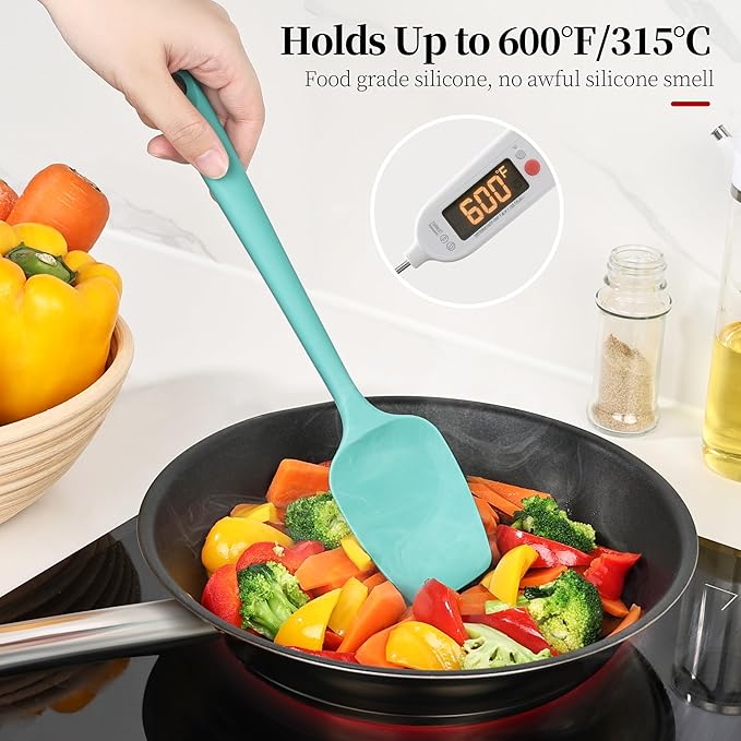 600ºF Heat Resistant Spatulas, High Heat Food Safe Semless Kitchen Silicone Scraper Set for Cooking Baking Mixing Scraping Stirring Nonstick Cookware Pan Bowl (4Pcs,Aqua Sky)