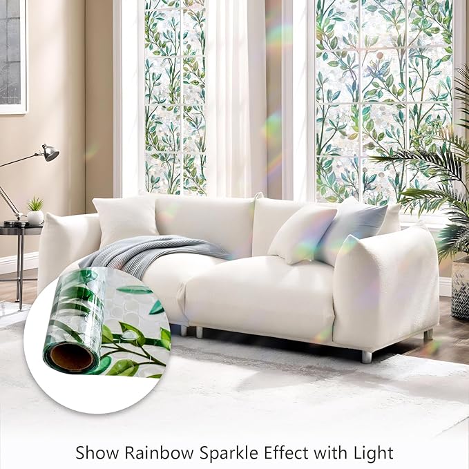 LEMON CLOUD Window Privacy Film, Stained Glass Window Film, Decorative Rainbow Window Clings, Static Cling Non Adhesive Door Stickers, Anti-UV Sun Blocker Heat Control for Home 17.5 x 78.7 inches
