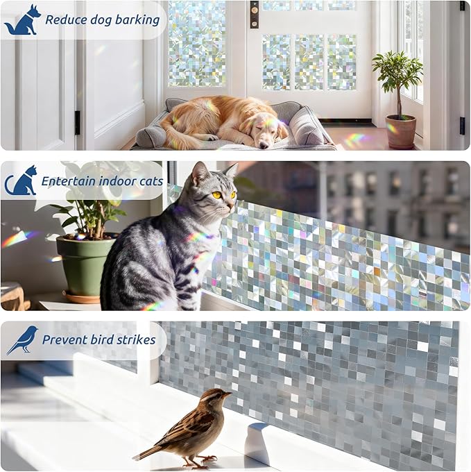 rabbitgoo Stained Glass Window Privacy Film Mosaic Pattern, Frosted Glass Window Film Rainbow Decorative Sticker, Static Cling UV Blocking Suncatcher for Home, 17.5 x 78.7 Inches