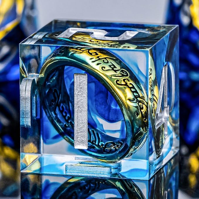 OUKELANWO Magic Lord Rings DND Dice Set with Box, 7Pcs Resin LOTR D&D Dice Set for Role Playing Game, Blue Dungeons Dragons D and D Sharp Edge Dice D20 D12 D10 D8 D6 D4