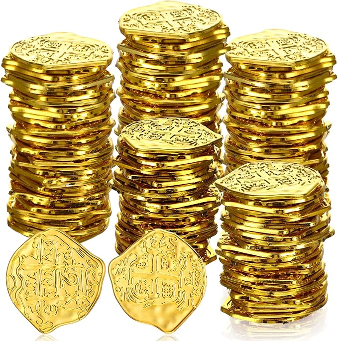 Hanaive 100 Pcs Pirate Coins Plastic Kids Fake Play Coins Replica Spanish Doubloons for Pirate Party Treasure Chest Board Games Tokens Toys Cosplay St. Patrick's(Gold)