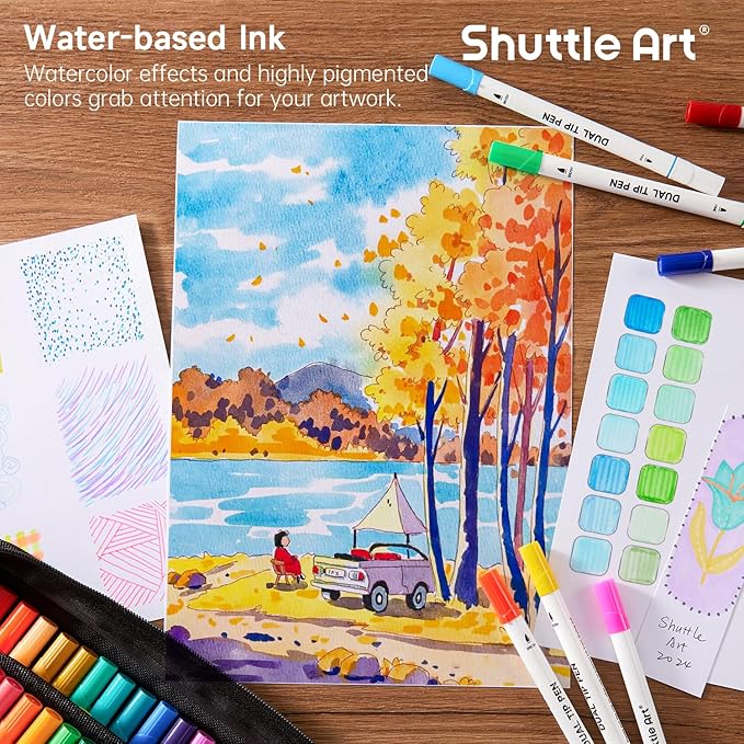 Shuttle Art Dual Tip Brush Marker Pens, 105 Colors Fine and Brush Tip Markers Set in Portable Case with 1 Coloring Book for Kids, Water-based Ink Adult Artist Coloring Calligraphy Journal Doodling
