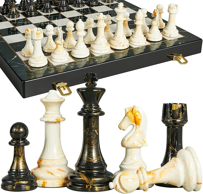 15" Large Chess Set for Adults- Weighted Acrylic Pieces Including Extra 2 Queens, 3.5" King w/Leather Base, Portable Folding Marbling Wooden Chess Board - Travel/Family Game & Elegant Gift