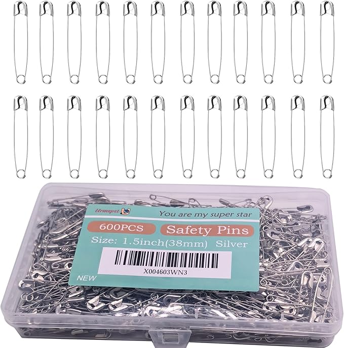Safety Pins, 600PCS-1.5Inch Small Safety Pins, Rust-Resistant Nickel Plated Steel, Sharp Edge Safety Pin for Clothes, Sewing, Arts & Craft, 38mm Decorative Safety Pins (Silver), UR-28