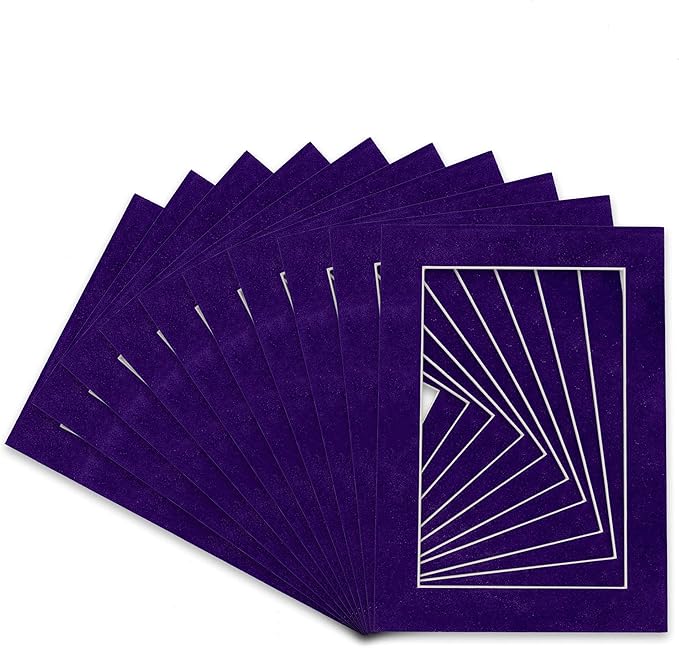 Pack of Ten Acid Free 11x14 Mats Bevel Cut for 8.5x11 Photos - Purple Crocus Suede Precut Matboards With Backing Boards and Self Seal Photo Mat Bags For Pictures, Photos, Framing - 4-ply Thickness