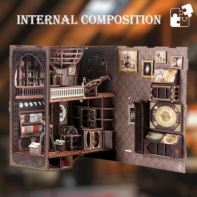 Book Nook Kits for Adults, 3D Printed DIY Miniature House Kit Astronomical Museum Booknook Wooden Puzzle Dollhouse Bookshelf Insert Decor with LED Lights Gifts for Book Lovers, Space Enthusiasts