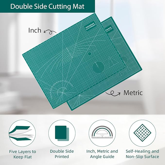 Falling in Art Self Healing Cutting Mat, 18x24" Cutting Mats for Sewing, Double-sided 5-Ply Fabric Cutting Board for Crafting, Quilting and Sewing Projects, Green