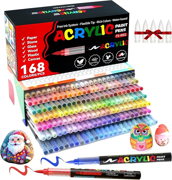 168 Colors Acrylic Paint Markers, Soft Brush Tip Acrylic Markers Set, Paint Pens for Wood, Fabric, Canvas, Glass, Stone, Canvas, Rock Painting and DIY Crafts Art Supplies