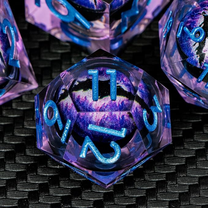ARUOHHA DND Resin Dice Dragon Eye Dice Liquid Core Purple Sharp Edged Dice Set with Gift Box, Polyhedral D and D Dice Set Compatible with Dungeons Dragons Role Playing Game D20 D12 D10 D8 D6