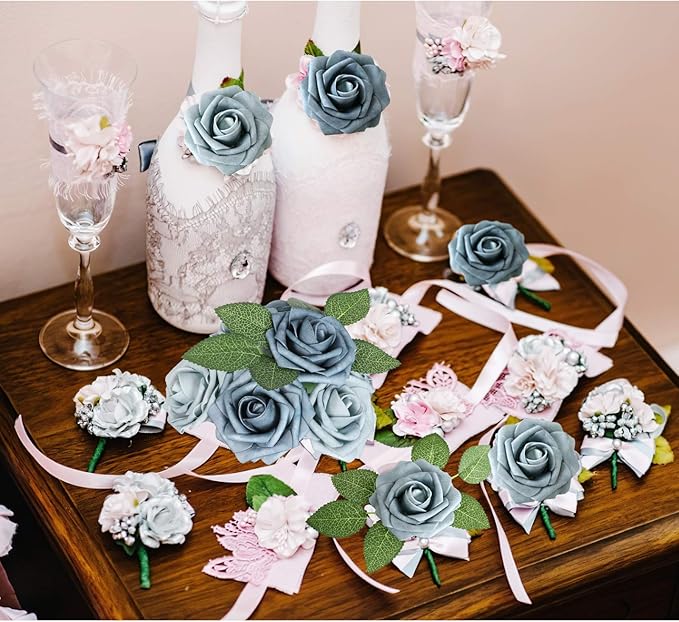 AmyHomie Artificial Flower Dusty Blue Shades Rose 25pcs Real Looking Fake Roses w/Stem for DIY Wedding Bouquets Centerpieces Arrangements Party Baby Shower Home Decorations