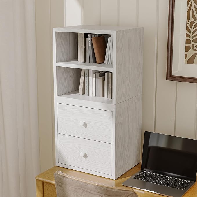 FUSUNBAO Magic DIY Cube Storage Organizer Stackable Cubes for Home Books Clothes Toy-Modular Cubby Storage System-Office Cubical-Bookcase Closet (Pure White-Washed, Drawer Cube)
