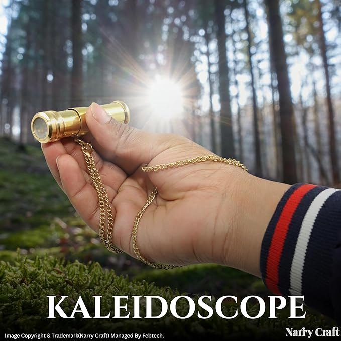 Brass Kaleidoscope with Wooden Box | Handcrafted Vintage Kaleidoscope with Optical Glass Lens & Wooden Storage Box – Collectible Gift for Kids & Adults (Golden/Brass, Small)