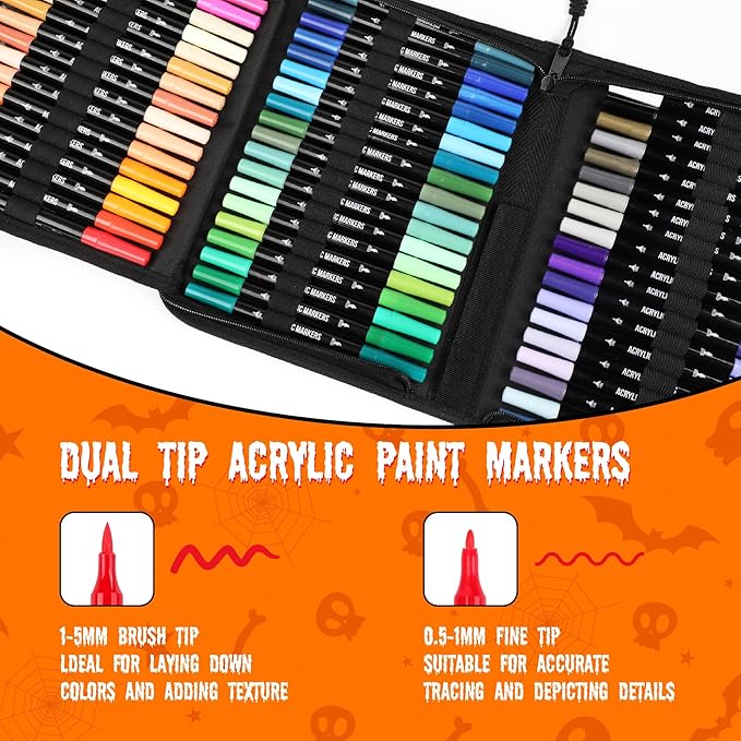 72 Colors Acrylic Paint Markers, Dual Tip with Fine Tip and Brush Tip Pens for Stone, Wood, Calligraphy, Canvas, Ceramic, Metal, Glass, Rock Painting, DIY Crafts Art Supplies Kit