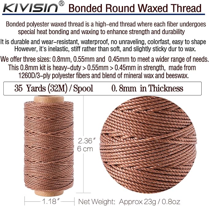 12 Classic Colors Round Waxed Thread, 0.8mm 35Yards Spool Polyester Wax Coated Cord Heavy Duty String for Leather Sewing, Stitching, Bookbinding, Upholstery Repairing and Micro Braiding