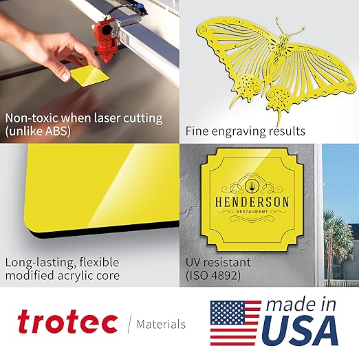 Trotec TroLase | 12"x12"x1/16", 8 Pcs | Yellow/Black | 2 Ply | Modified Acrylic | Laser Engraving Double Color Plastic Sheet | Engraving Blanks for Laser, Saw, Guillotine | Made in USA