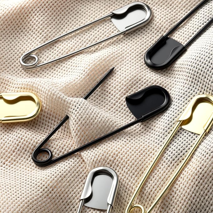 Juexica 10 Pcs 5 Inch Jumbo Stainless Steel Safety Pins Large Heavy Duty Huge Strong Laundry Pins for Upholstery Sewing Quilting Key Rings Craft Outdoor (Black,Silver,Gold)
