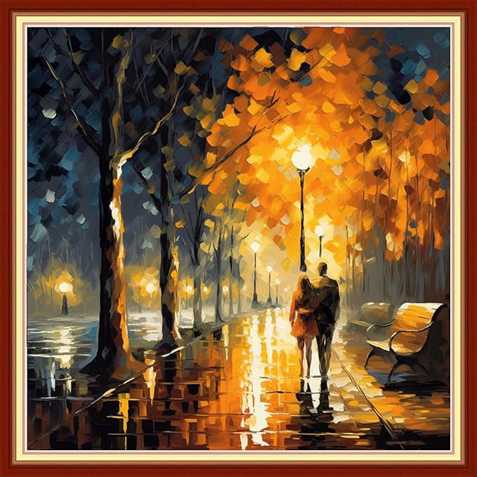 Foxdiviy Stamped Cross Stitch Kits Full Range of Embroidery Needlework Starter Kits for Beginners Adults 11CT Embroidery Patterns Art Crafts DIY Needlepoint Kits-Strolling on a Rainy Night 18x18 inch