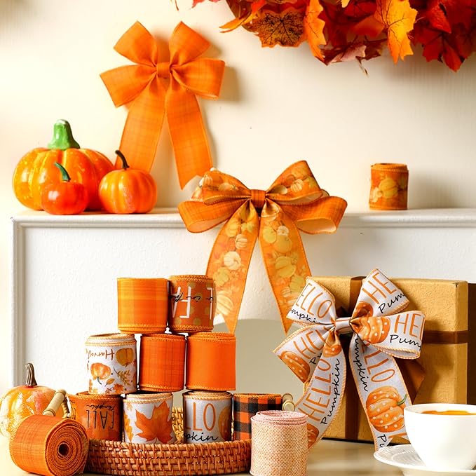 12 Rolls Fall Wired Edge Ribbon for Wreaths 2 Inch x 60 Yards Maple Leaves Pumpkin Burlap Ribbon Thanksgiving Plaid Crafts for Autumn Harvest Party Decoration Supplies, 12 Styles