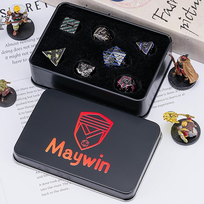 Metallic Glitter Stripes D&D Dice Set,7 PCS Polyhedral Dice Set with Gift Metal Box for Dungeons and Dragons,DND Metal Dice for Tabletop Game (Black Nickel Seven Colors)