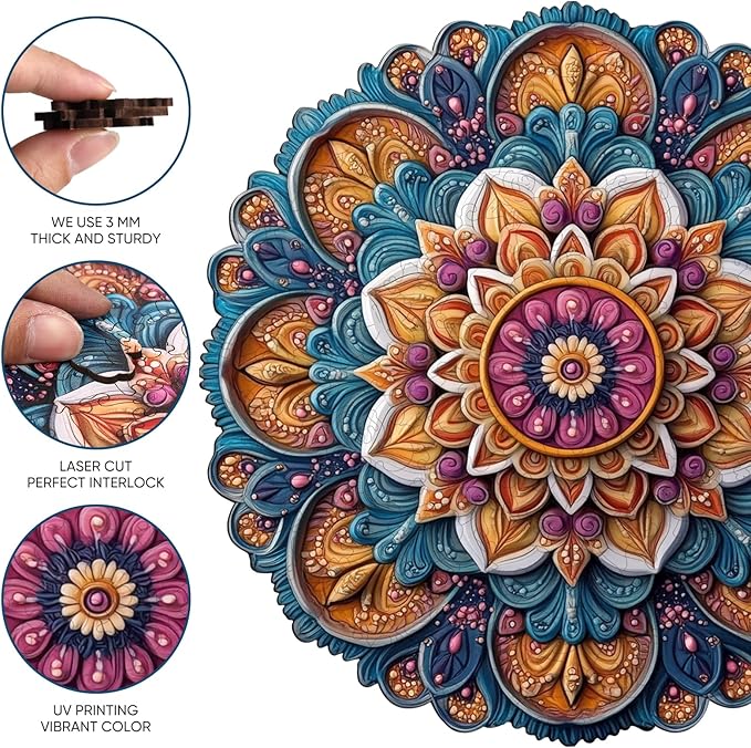 Wooden Jigsaw Puzzles - Mandala Wooden Puzzles for Adults, 500 Pcs King Size 16.7'' x 16.7'', Luxurious Shaped Wood Puzzle, Beautiful Package, Best Gift for Adults and Kids, Family Game