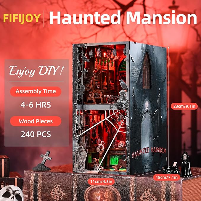 Haunted House Halloween Book Nook Kit, Spooky Shelf Insert Bookshelf Diorama Horror Art Miniature Decor, Creepy Scary Wooden Puzzle Booknook (Haunted Mansion)
