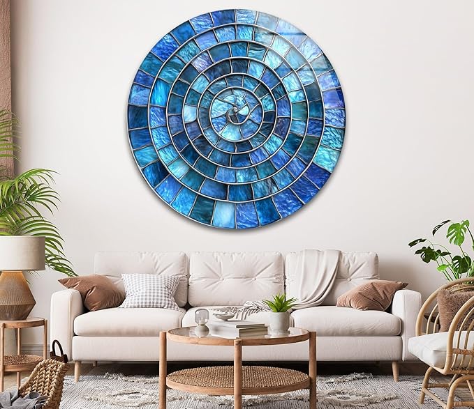 My Photostation.com 31.5''(80cm) Diameter Blue Aqua Spiral Harmony Round Glass Wall Art Tempered Glass Printing Wall Decor Large Wall Art Wall Hangings