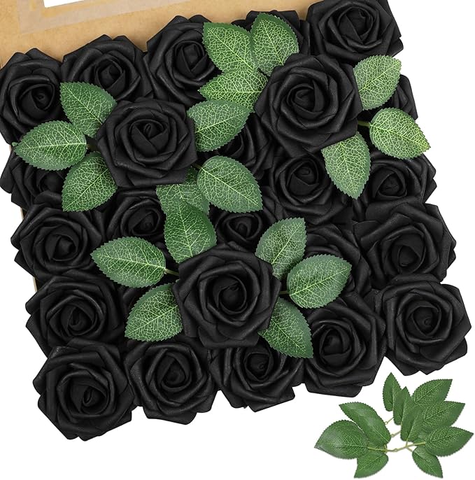 AmyHomie Artificial Flowers Black Rose 25pcs Real Looking Fake Roses w/Stem for DIY Wedding Bouquets Centerpieces Arrangements Party Baby Shower Home Decorations