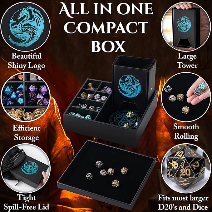 Soar Forge Dice Tray and Dice Tower for DND and RPG - All-in-One Game Roamer Tray & Large Tower for Random Rolls - Stores Your Sets, Mini's and More Compatible with D&D (Blue Dragon)