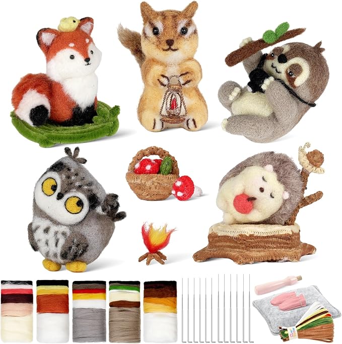 MOREJMTT Needle Felting Kit, 5 PCS Animal Needle Felting Beginner Kits, Wool Felt Needle Felting Tools Foam Pad, Craft Party Supplies for Beginners Adult(Forest Animals)