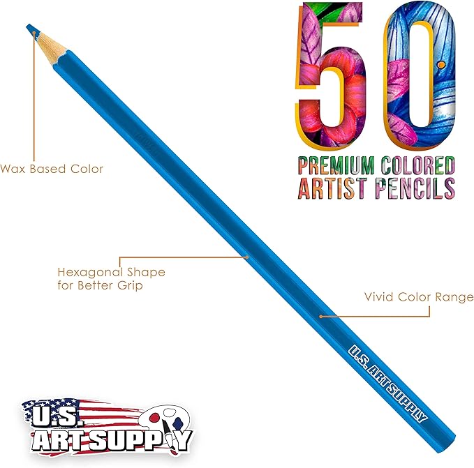 U.S. Art Supply 50 Piece Adult Coloring Book Artist Grade Colored Pencil Set with 4 Styles of Sketching & Drawing Paper - Sketching Shading Blending, Students Adults Beginners