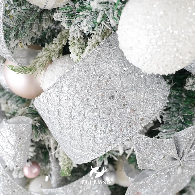 HUIHUANG Silver Christmas Ribbon 4 inch Silver Glitter Wired Ribbon Diamond Mesh Wire Ribbon for X-mas Tree Decorations, Wreaths, Garland, Large Bows Making, Home Decor -10 Yards
