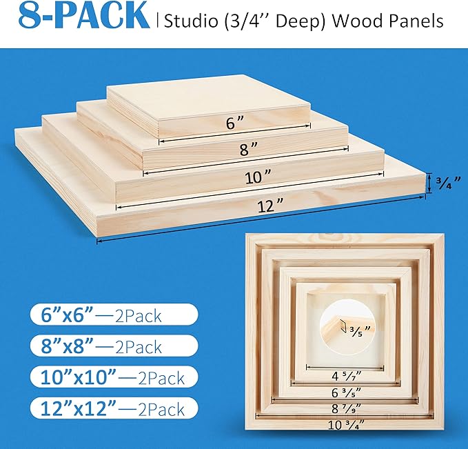 Falling in Art Unfinished Birch Wood Canvas Panels Kit, 8 Pack of 4 Sizes Studio 3/4’’ Deep Cradle Boards for Pouring Art, Crafts, Painting, and More