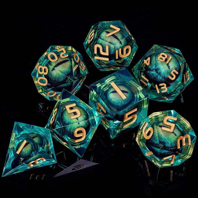 ARUOHHA DND Resin Dice Dragon Eye Liquid Core Polyhedral D and D Dice Set with Gift Box, Green Sharp Edged Dice Role Playing Game D20 D12 D10 D8 D6 D4