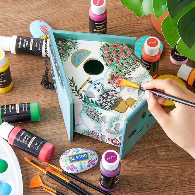 Shuttle Art Acrylic Paint, 42 Colors Acrylic Paint Set with 12 Brushes, 2oz/60ml Bottles, Rich Pigmented, Water Proof, Premium Paints for Artists, Beginners and Kids on Canvas Rocks Wood Ceramic