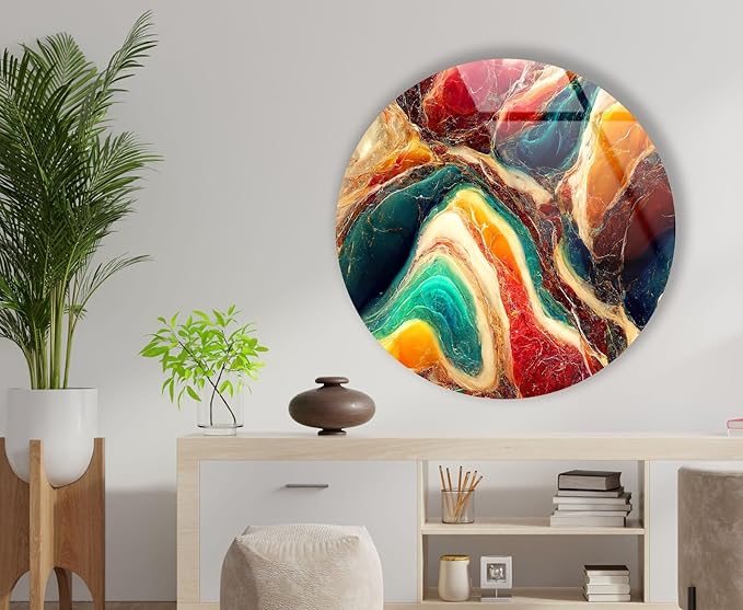 My Photostation.com 27.5''(70cm) Diameter Colorful Marble Swirl Round Wall Art Abstract Glass Decor with Earthy Tones & Gemstone Texture