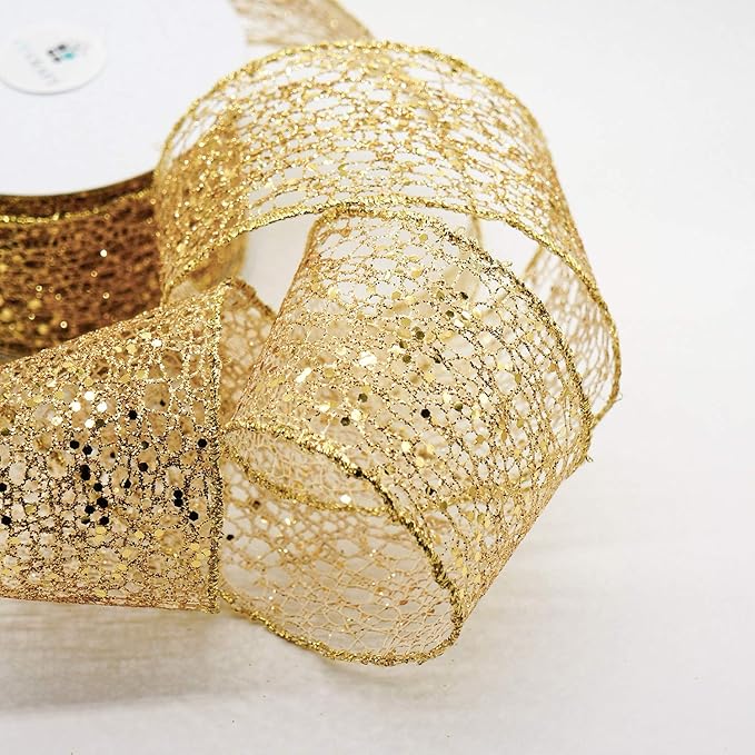 CT CRAFT LLC Sparkling Glitter Mesh Wired Ribbon 2.5" x 10 Yards Gold for Christmas Home Decor Bow Gift Wrapping DIY Crafts Wreath
