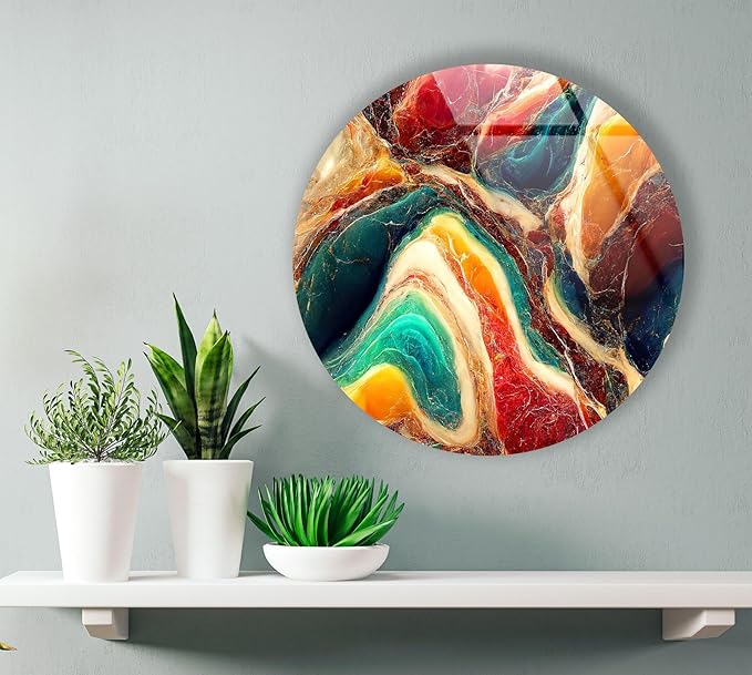 My Photostation.com 39,4''(100cm) Diameter Colorful Marble Swirl Round Wall Art Abstract Glass Decor with Earthy Tones & Gemstone Texture