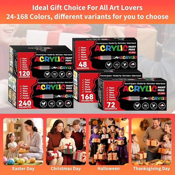 168 Colors Acrylic Paint Markers, Soft Brush Tip Acrylic Markers Set, Paint Pens for Wood, Fabric, Canvas, Glass, Stone, Canvas, Rock Painting and DIY Crafts Art Supplies