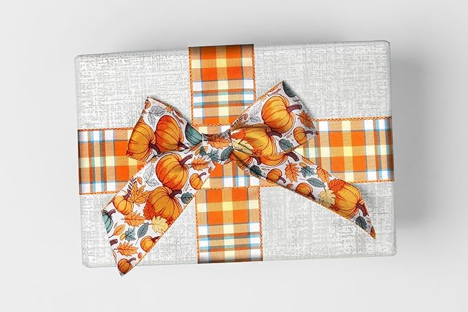 2 Rolls 2.5 Inch x 10 Yards Thanksgiving Fall Wired Ribbon for Craft Wreath Bow Making Pumpkin Autumn Leaves Ribbon Orange Plaid Burlap Ribbon for Wrapping Thanksgiving Party Home Decoration