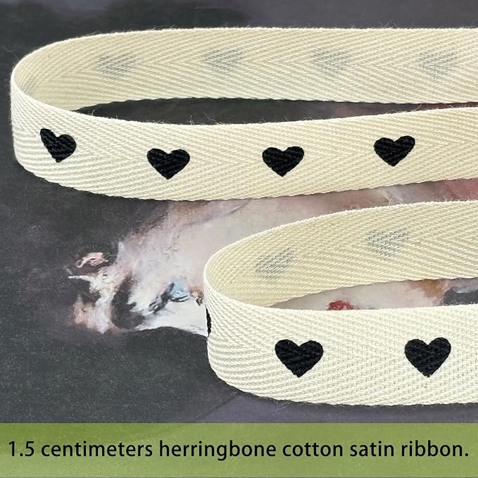 Cotton Herringbone Ribbon - Natural Twill Tape for Custom Gift Wrapping & DIY Crafts-5/8 Inch x 15 Yards - Black Heart Print