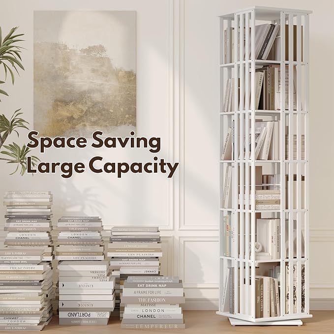 YOWOS Rotating Bookshelf Tower, 360 Display Spinning Bookcase, Bamboo Bookshelf Floor Standing Storage Rack, Wood Narrow Book Shelf Organizer for Kids&Adults (White, 6 Tier)
