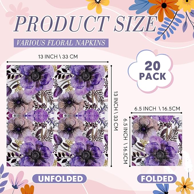 Crtiin 20 Pack Assorted Floral Napkins for Decoupage Toilet Napkins Flower Cocktail Decorative Paper for Birthday Party Beautiful Gorgeous, 20 Styles Each 6.5 inches(Style 5)