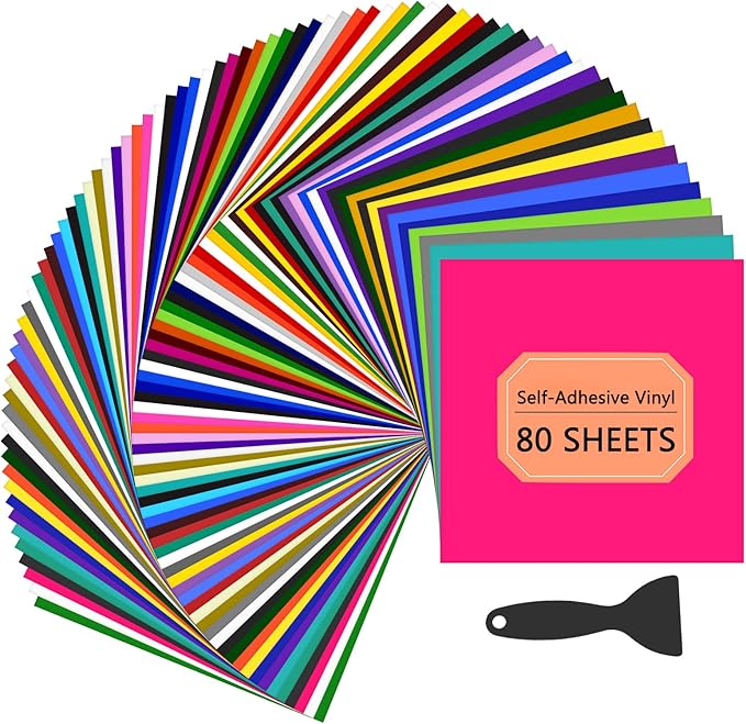 HTVRONT Permanent Vinyl for Cutting Machine - 80 Pack Permanent Adhesive Vinyl Sheets, 45 Assorted Colors Permanent Bundle, Silhouette, Cameo Cutters, Signs, Scrapbooking, Craft
