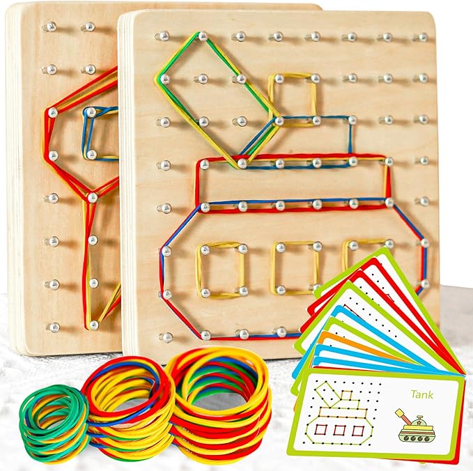 2Pack Wooden Geoboard Montessori Toys - Wood Geo Board Manipulative Geoboards for 4 5 6 Year Old Kids with Pattern Cards and Rubber Bands,Brain Teaser STEM Toy for Boys Girls Ages 3-6