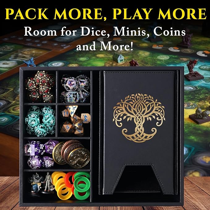 Dice Tray and Dice Tower for DND and RPG - All-in-One Game Roamer Tray & Large Tower for Random Rolls - Stores Your Sets, Mini's and More Compatible with D&D (Gold Tree)