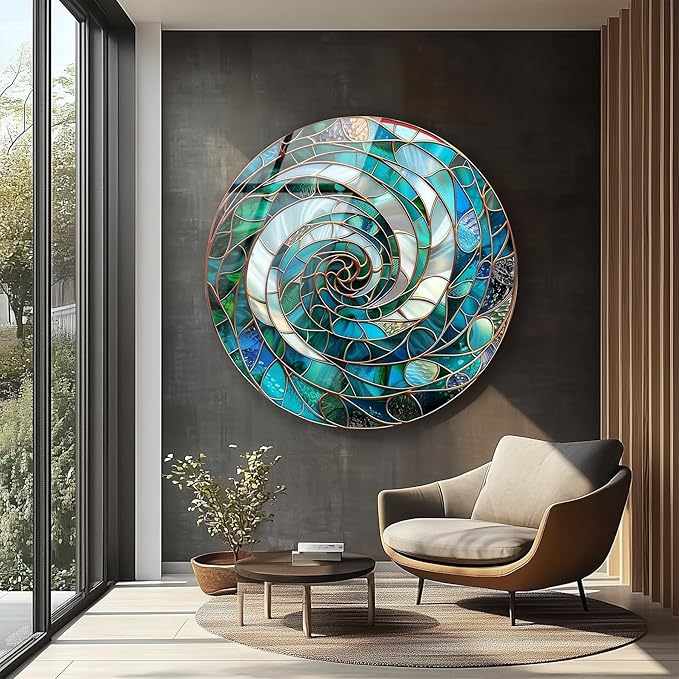 My Photostation.com 24''(60cm) Diameter Aqua Spiral Harmony Round Glass Wall Art Tempered Glass Printing Wall Decor Large Wall Art Wall Hangings