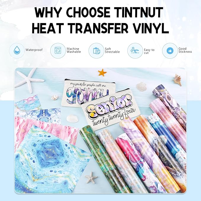 Tintnut Liquid Marble HTV Vinyl - 12 Sheets 10 x 12 Inch Watercolor Marble Heat Transfer Vinyl Pattern HTV Iron on Vinyl T-Shirts DIY Compatible with Cricut or Silhouette Cameo