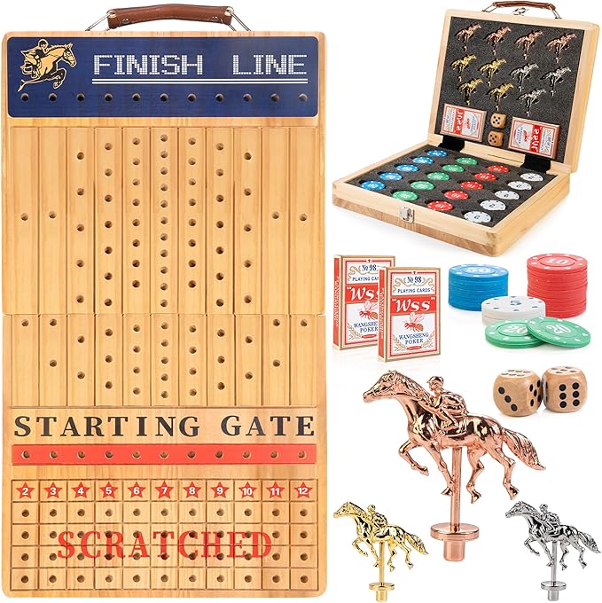 Bravmate Large 21 Inches Horse Race Board Game, Solid Wood Foldable Horse Racing Game with 11 Luxury Metal Horses, 2 Wooden Dice, 2 Boxes of Cards, 80 Chips for Parties