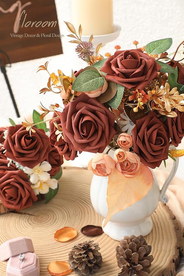 Floroom Artificial Flowers 25pcs Real Looking Terracotta Foam Fake Roses with Stems for DIY Wedding Bouquets Bridal Shower Centerpieces Floral Arrangements Party Tables Home Decorations